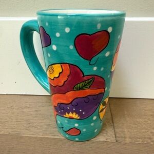 Vintage Laurel Burch 6+” Tall Ceramic Signature Mug with Heart Designs